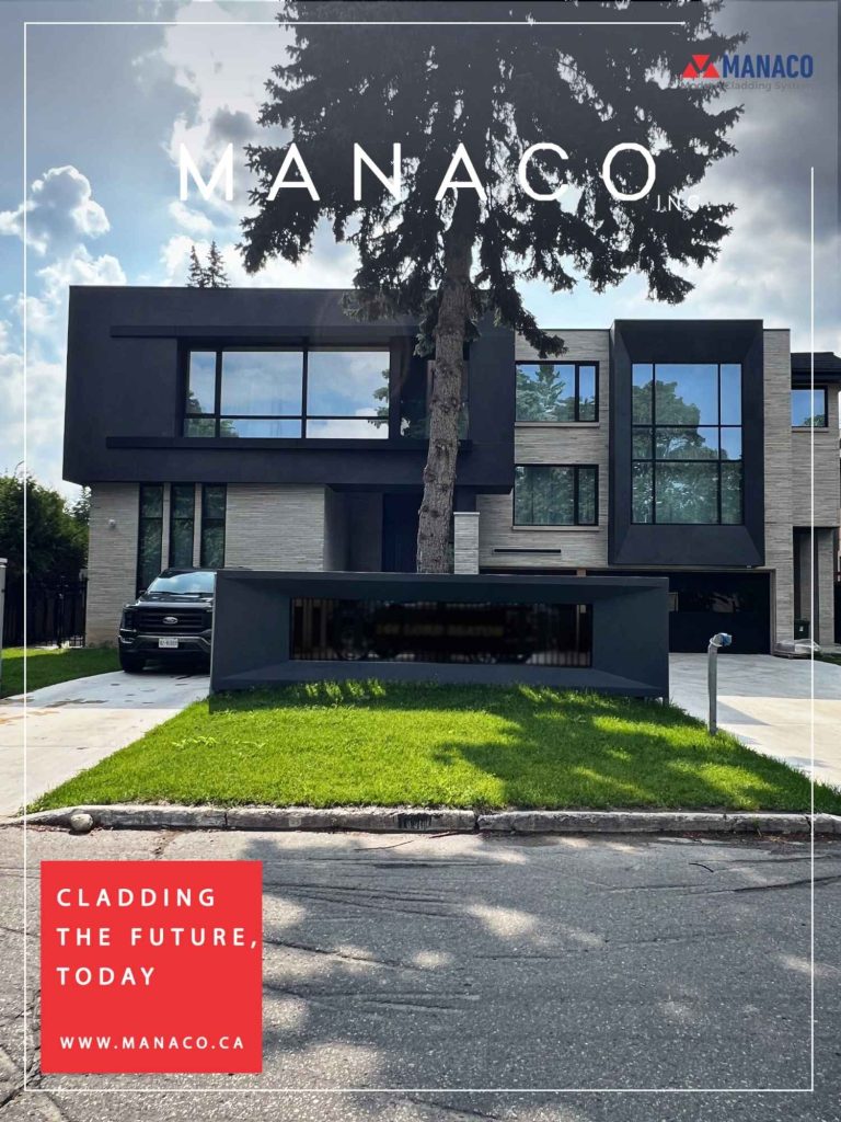 Boxed ACM corner in Metallic Grey with clean joints meeting light brick, Lord Seaton North York