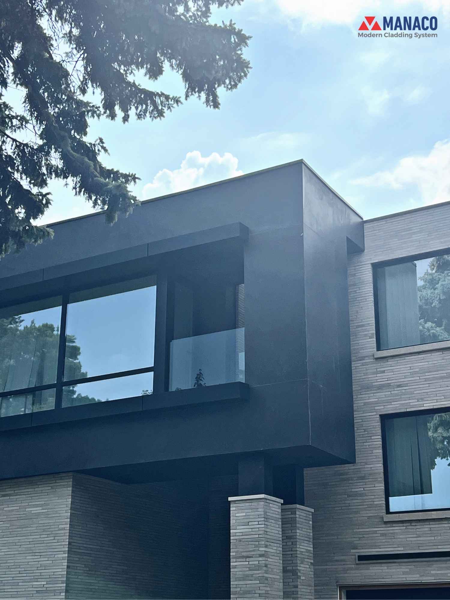 Upper volume with Metallic Grey ALUBOND ACM frames and glass balcony, North York, Toronto